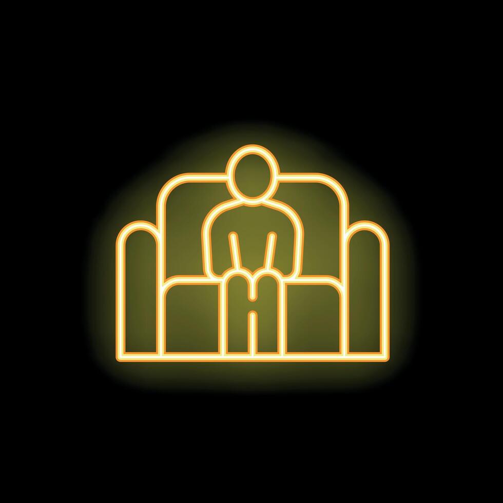 Neon yellow stick figure relaxing sitting on an armchair icon vector