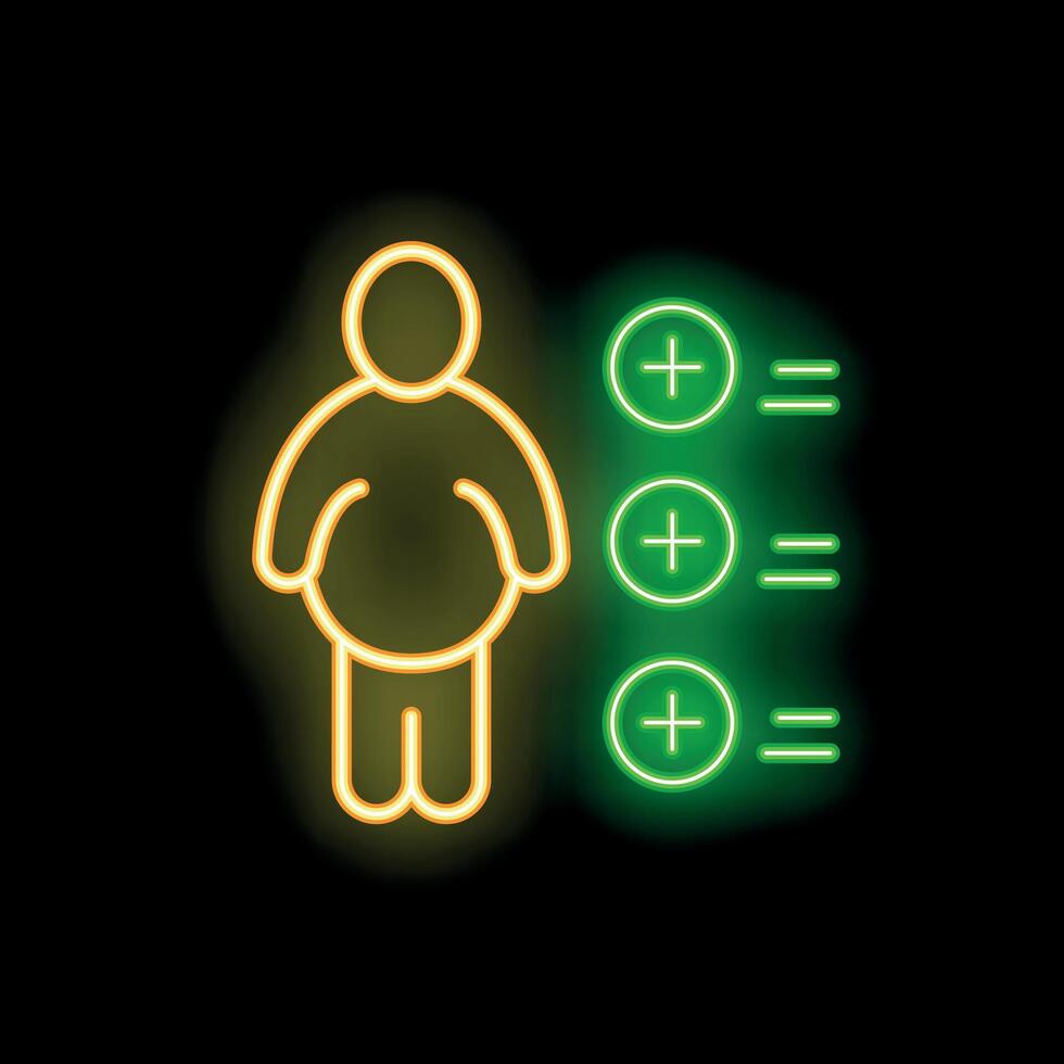 Neon sign of person gaining weight with plus symbols vector