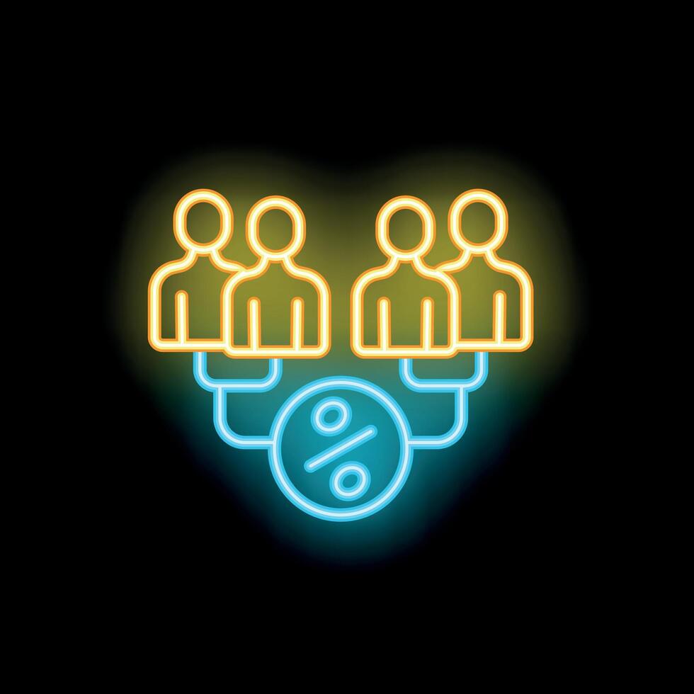 Businessmen sharing percentage sign representing affiliate marketing program with neon light effect vector