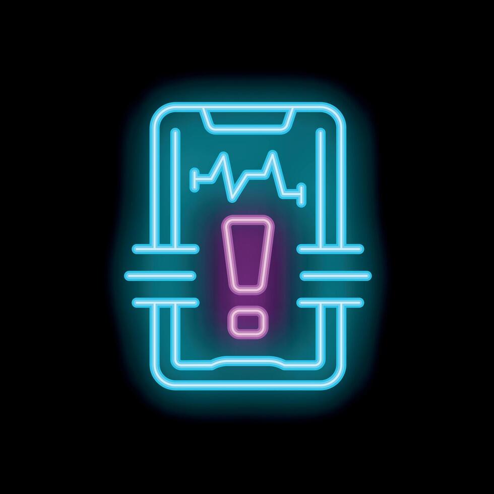 Neon mobile phone showing warning sign with cardiogram on screen vector