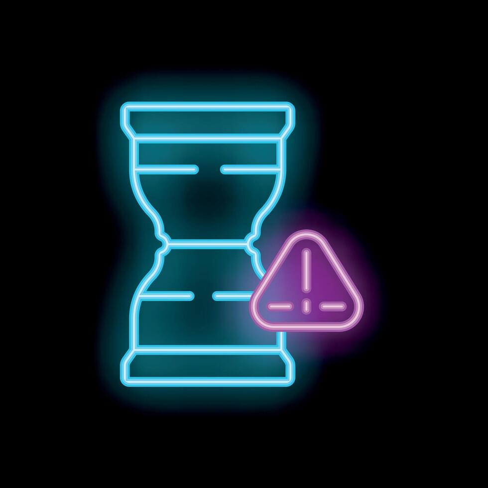 Neon style icon showing an hourglass with a warning sign vector
