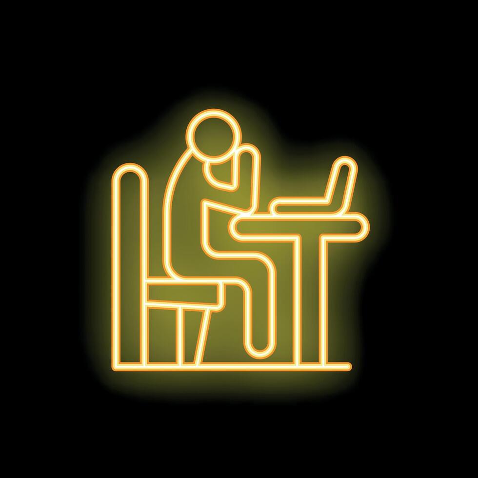 Businessman working on laptop at desk neon sign icon vector