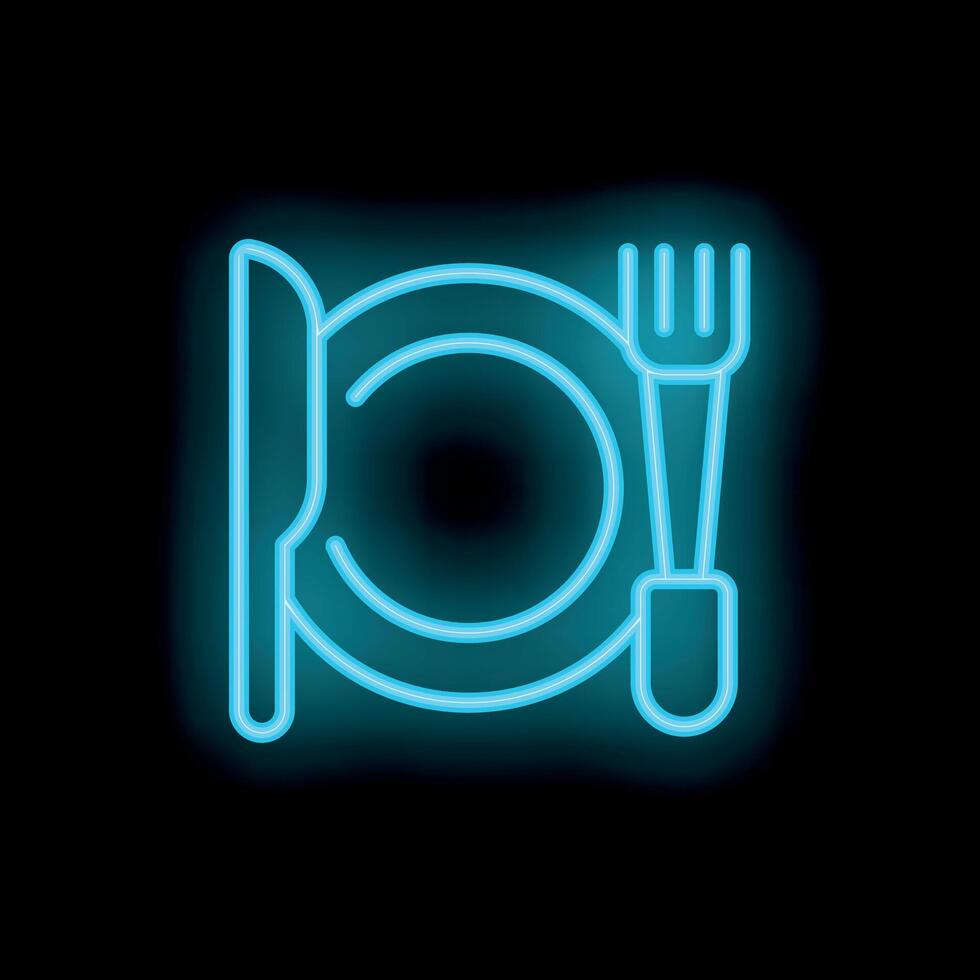 Neon sign showing plate, knife and fork on black background vector