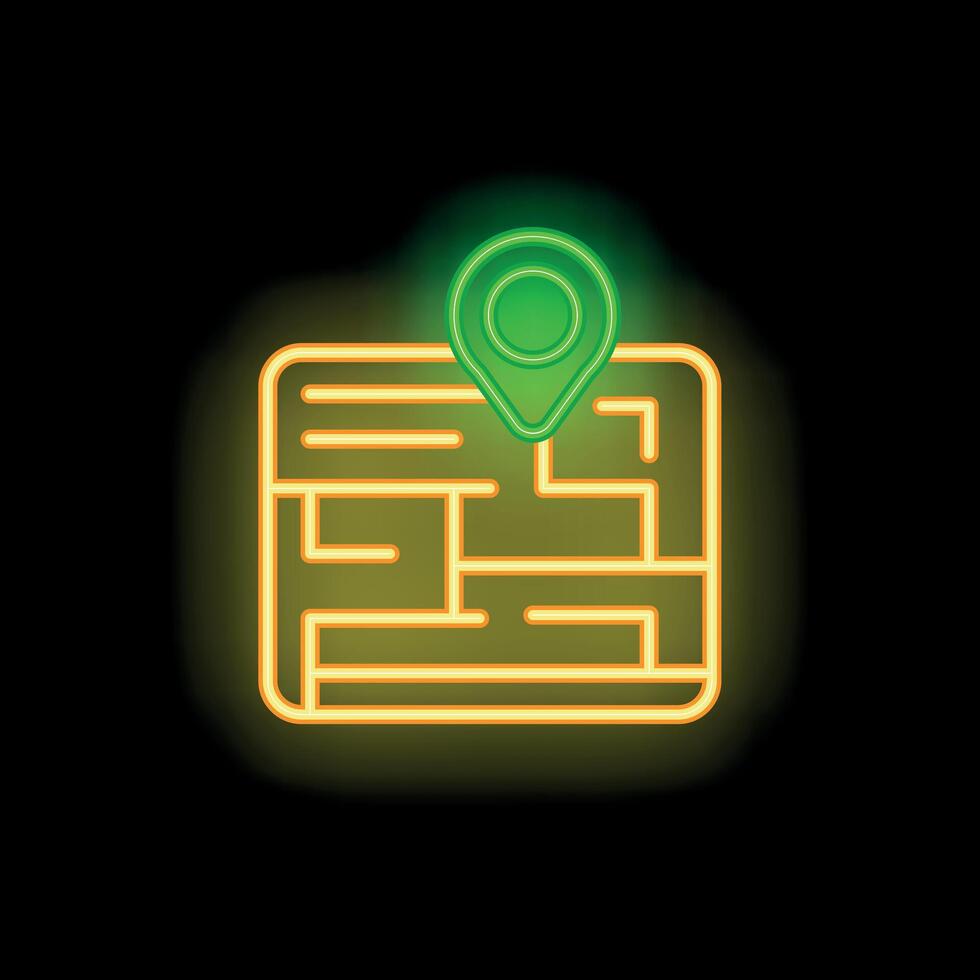 Neon green location pin over a maze on a black background vector