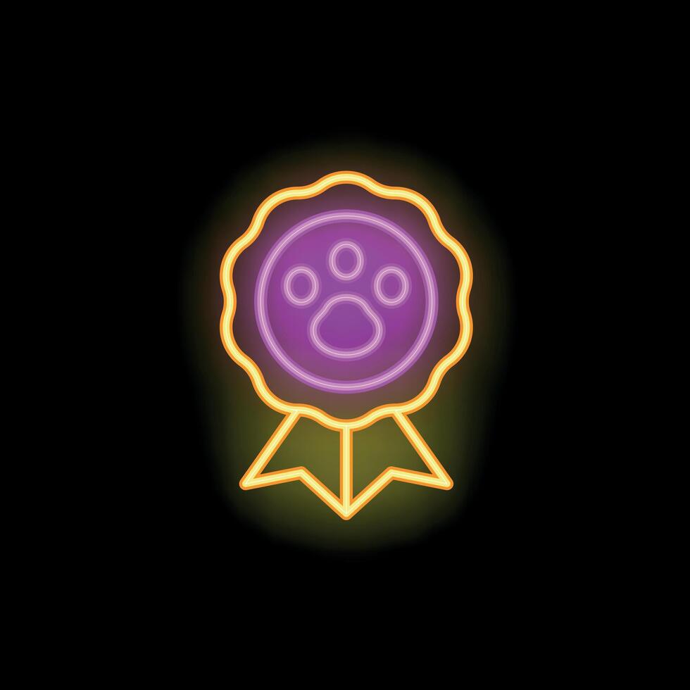 Neon sign depicting pet award with ribbon and paw print in circle frame vector