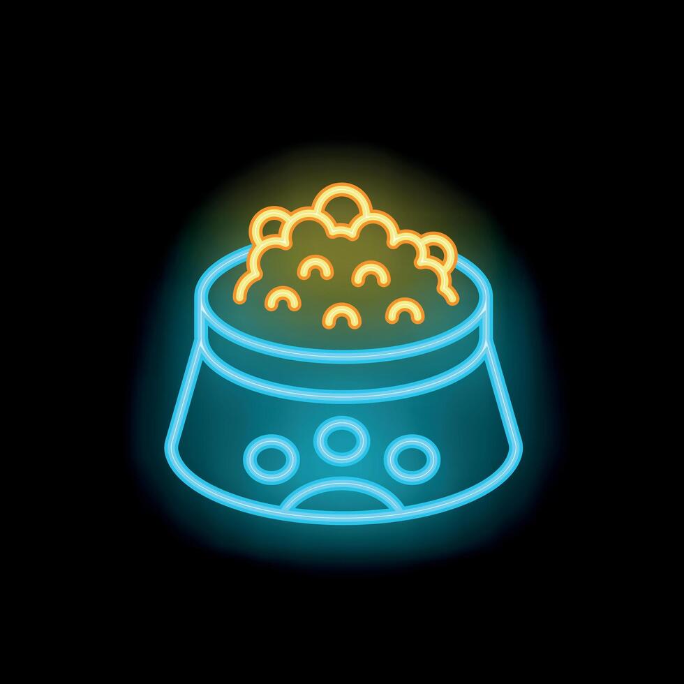 Neon icon of pet food bowl overflowing with kibble on black background vector