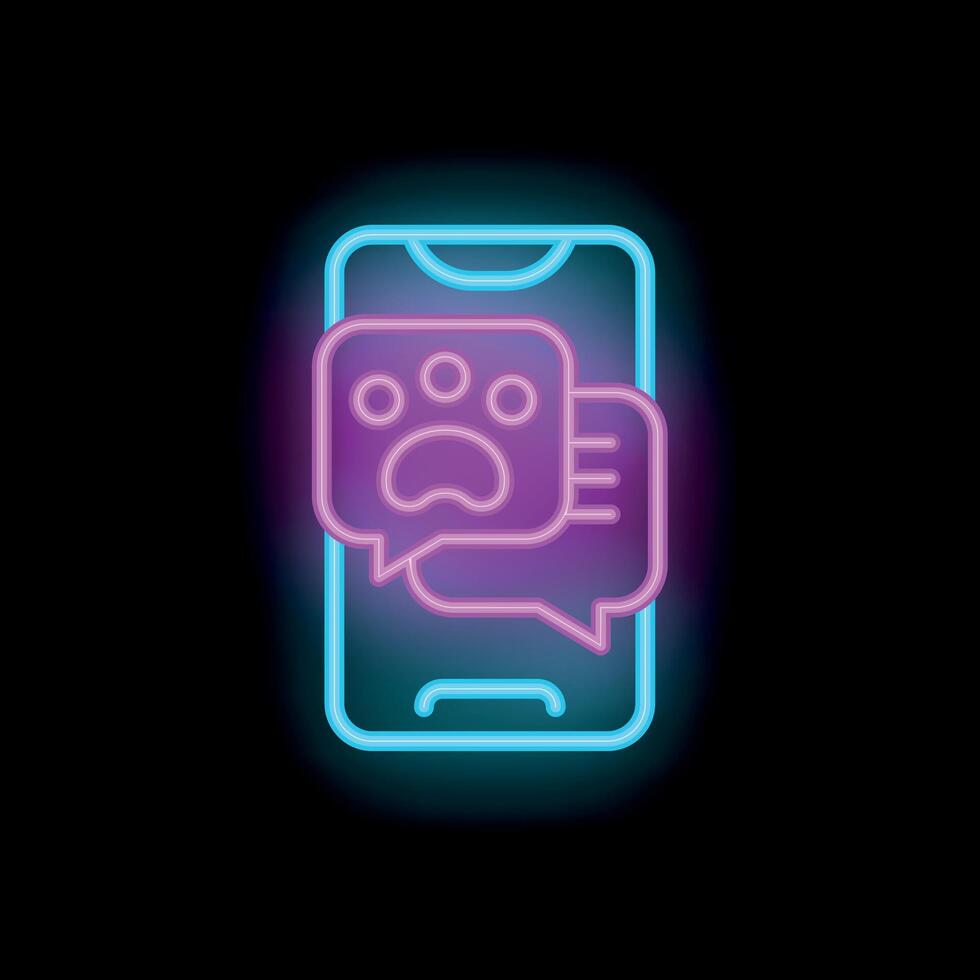 Neon icon of smartphone displaying pet paw chat bubble on dark background vector