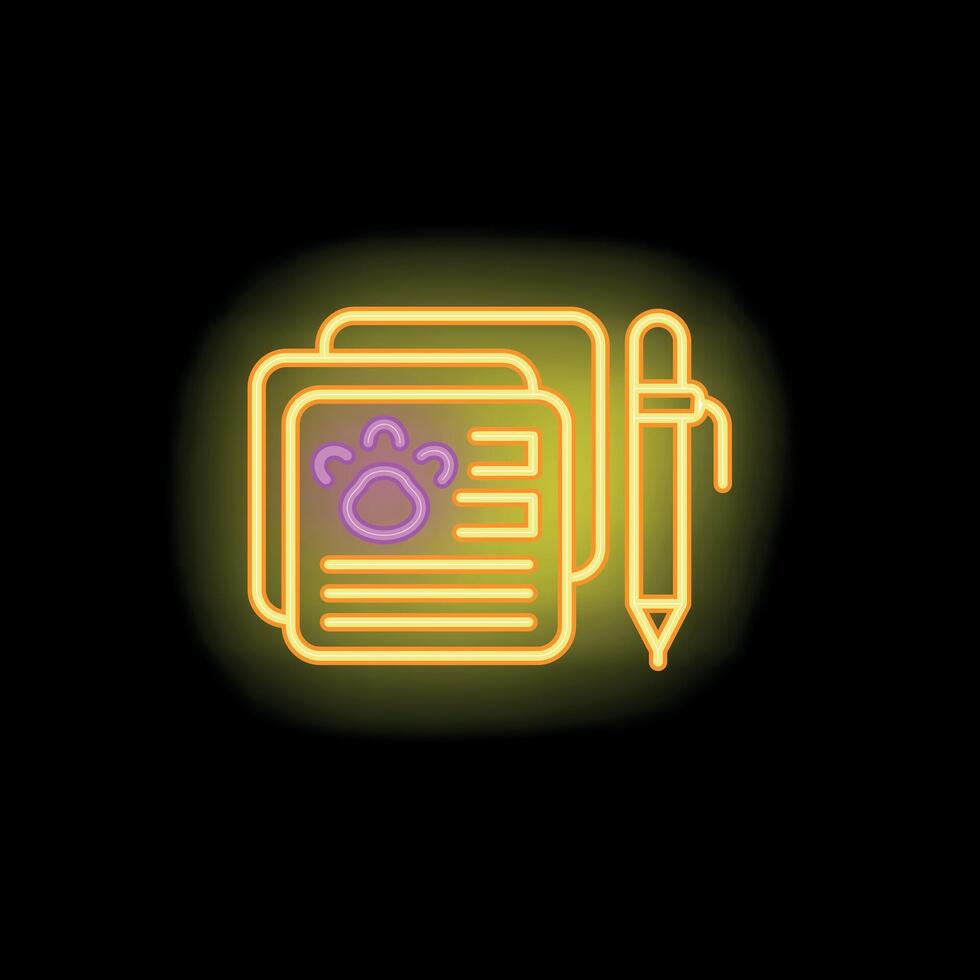 Neon icon of pet medical history is glowing on a black background vector