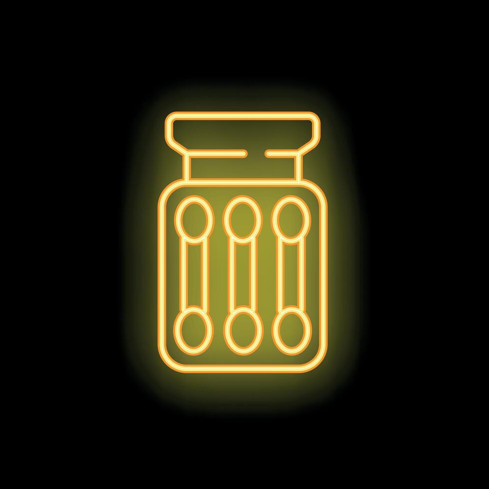 Neon icon of cotton swabs inside a container glowing on black background vector