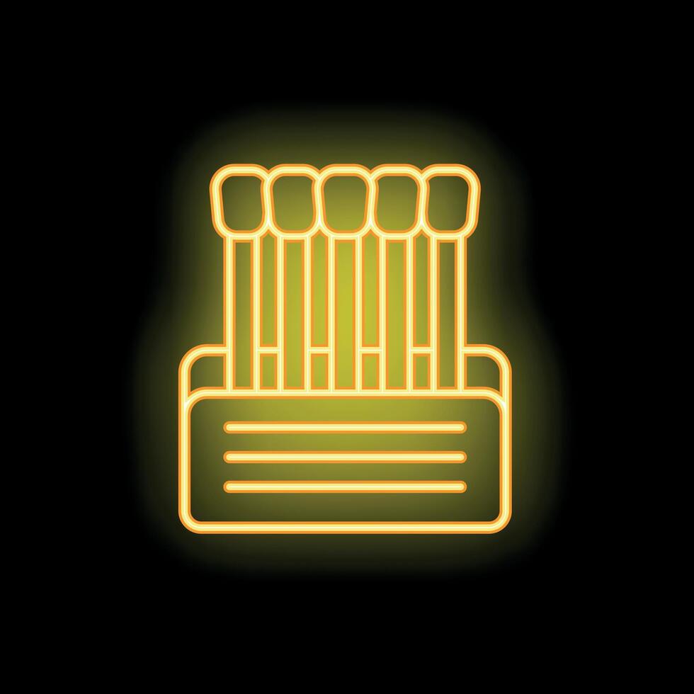 Neon icon of matches standing in open matchbox glowing on black background vector