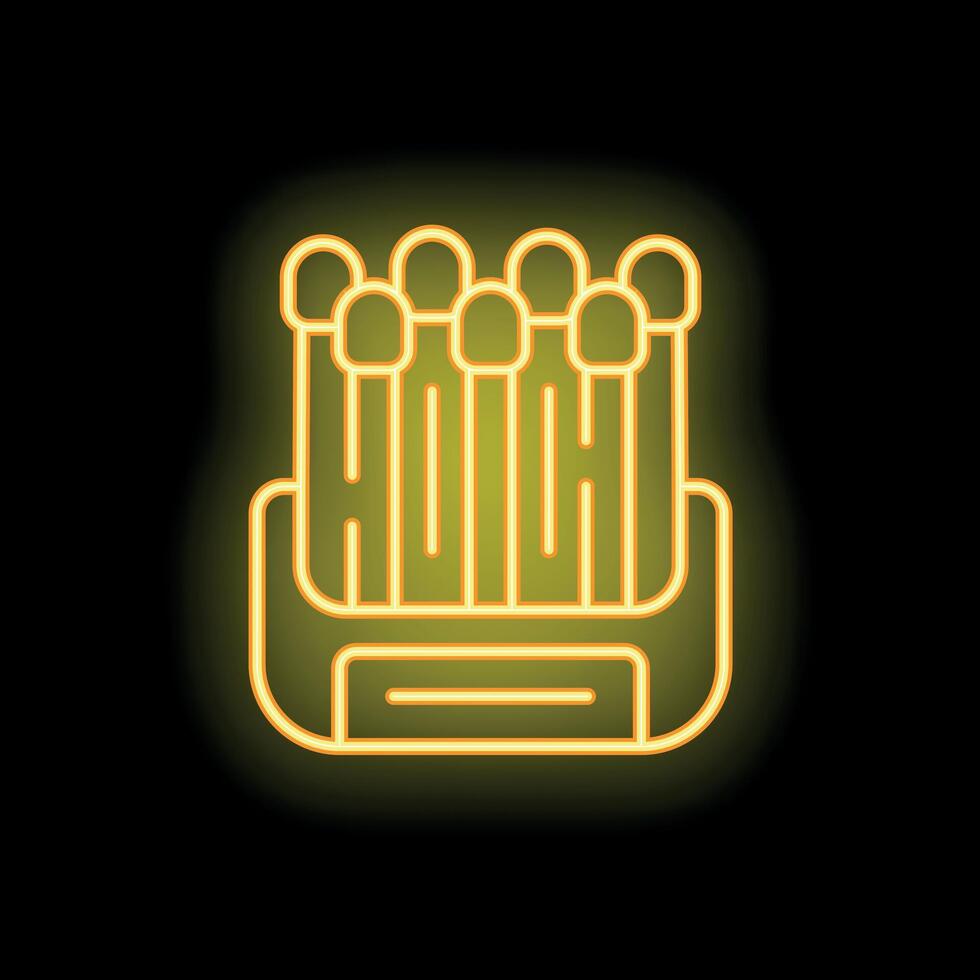 Neon icon of matches in open matchbox glowing yellow on black background vector