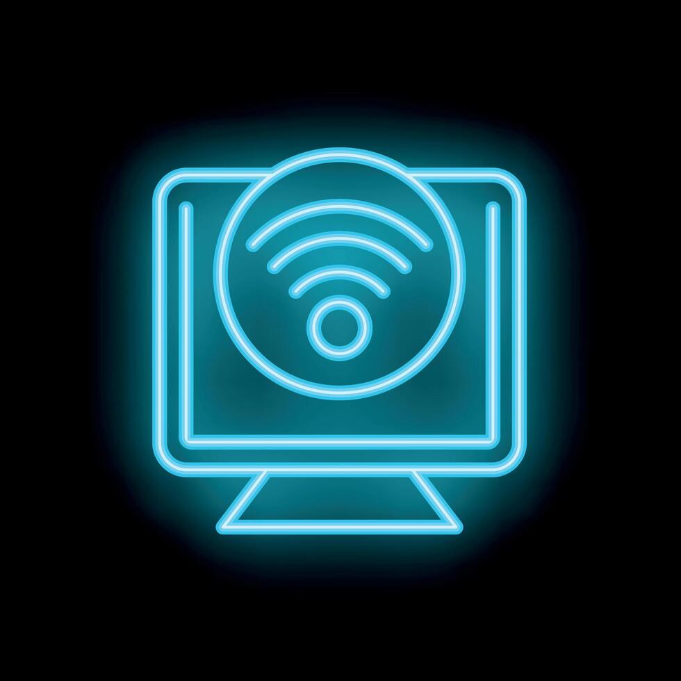Neon icon of computer screen showing wifi signal vector