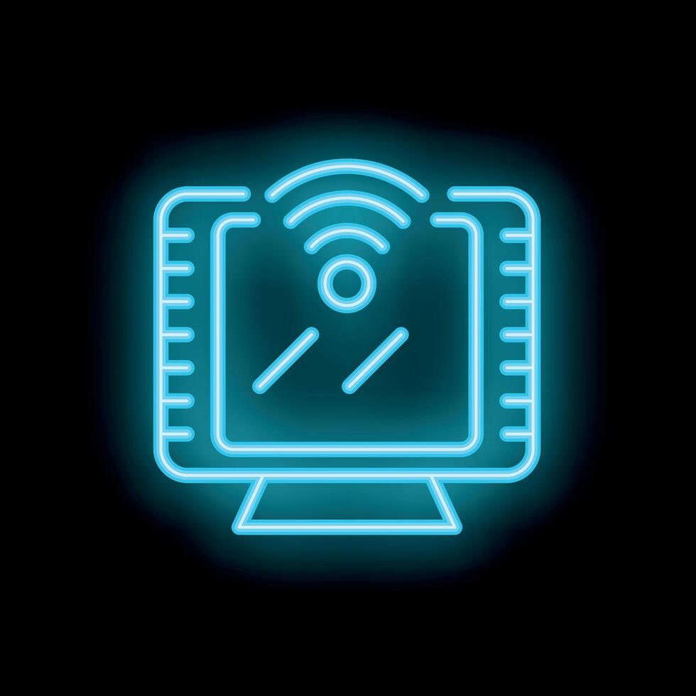 Neon computer icon showing wireless signal on black background vector
