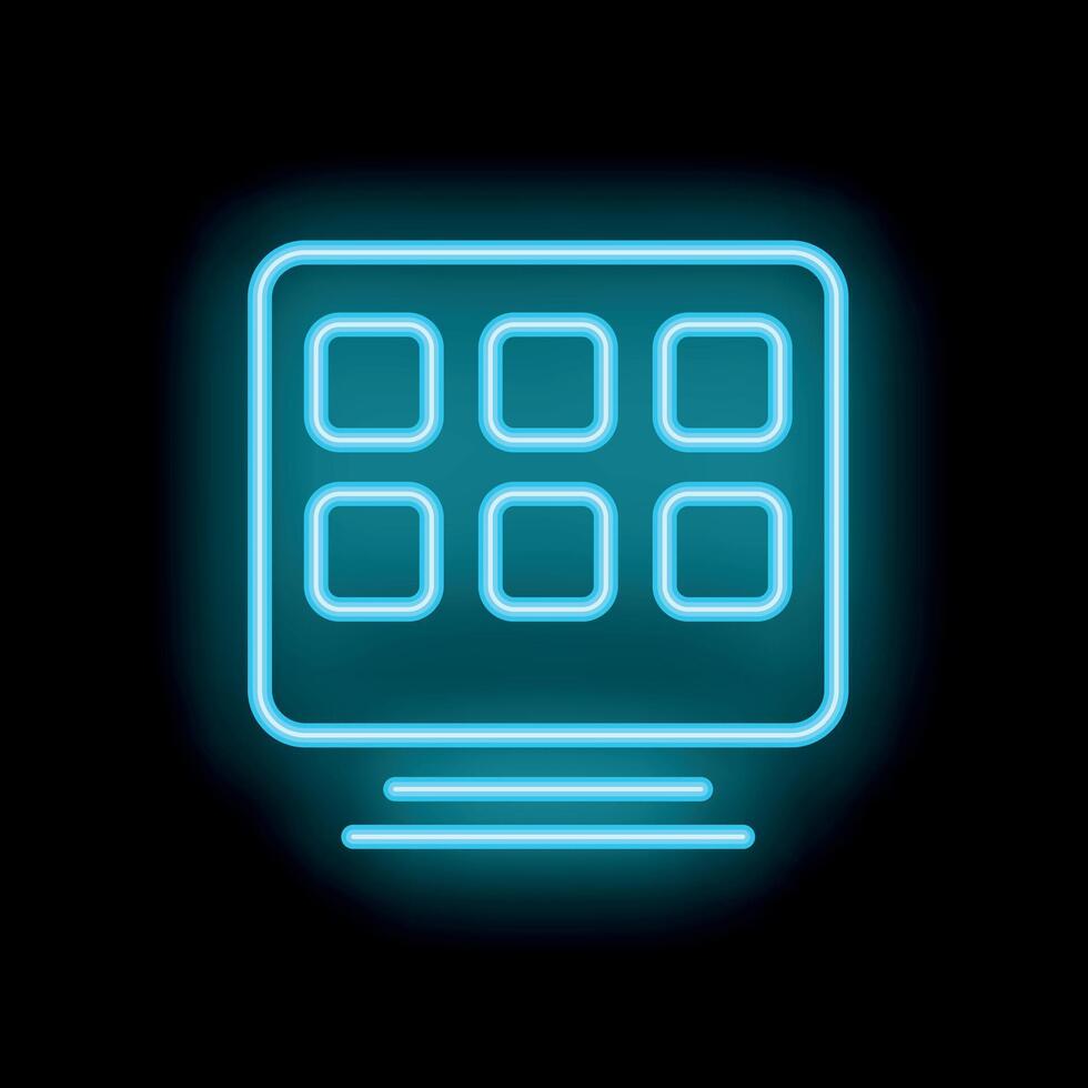 Neon blue icon of a smartphone with nine app icons displayed on black background vector