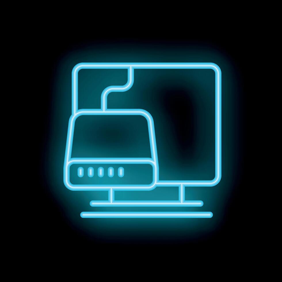 Neon computer icon connecting to external hard drive for data storage vector
