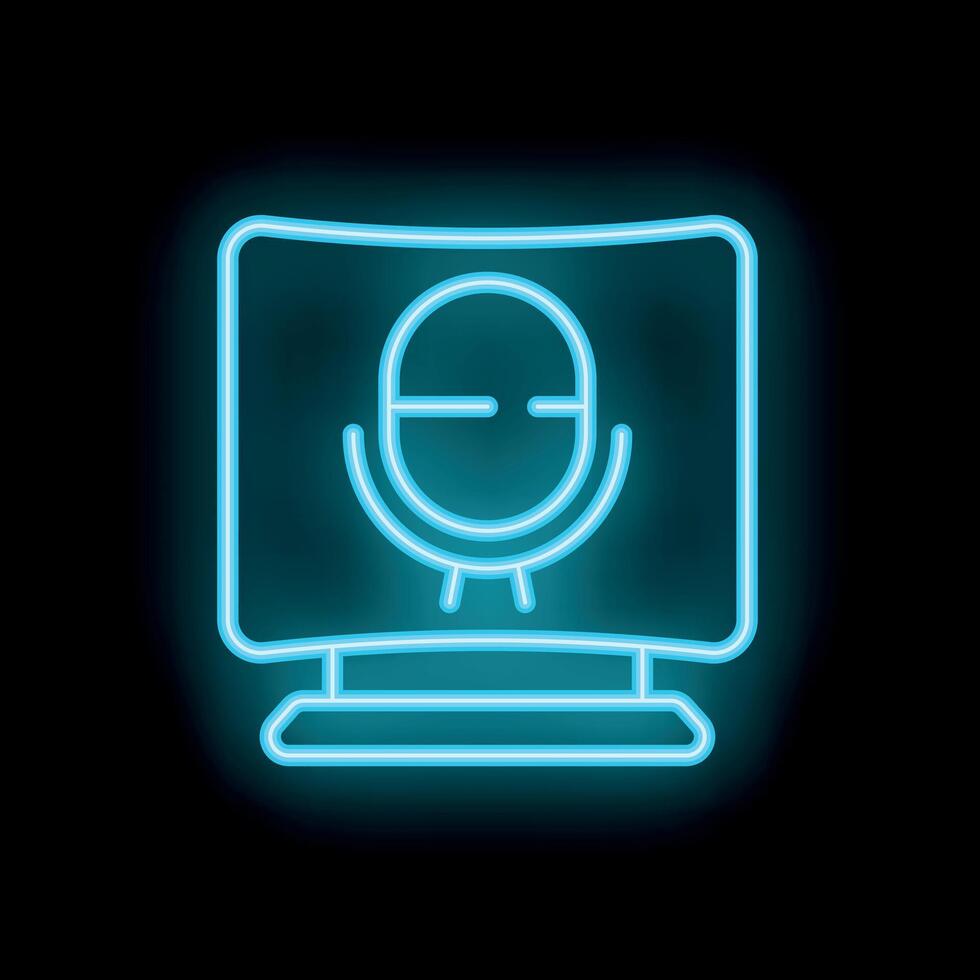 Neon computer screen showing microphone icon for podcast recording vector