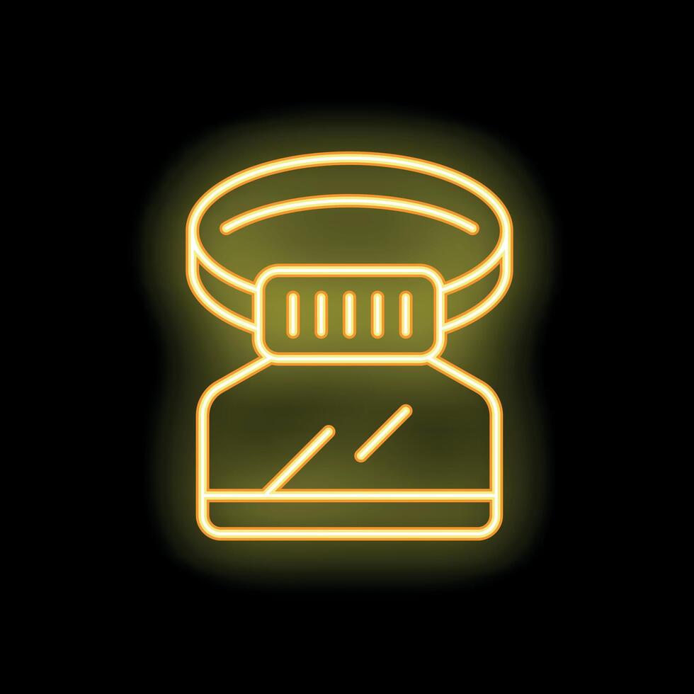 Yellow neon icon of a camera lens glowing on black background vector