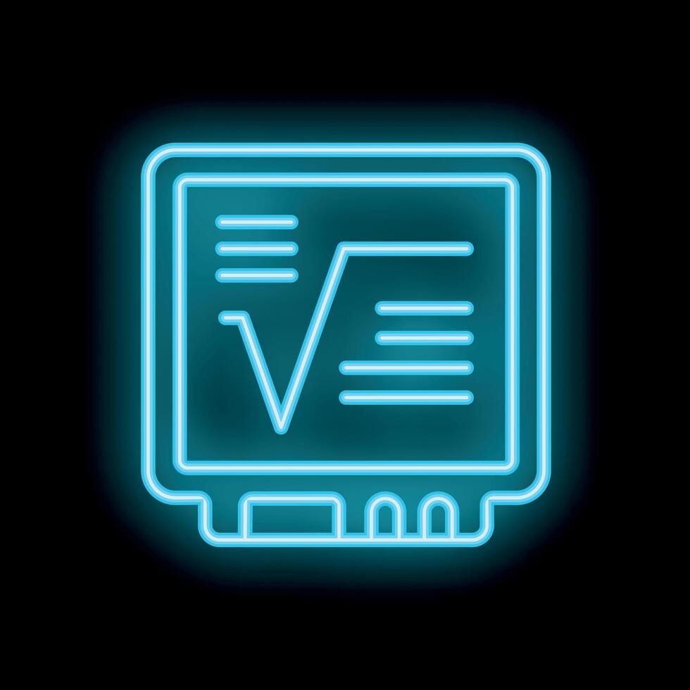 Neon blue square root symbol on graphing calculator icon vector