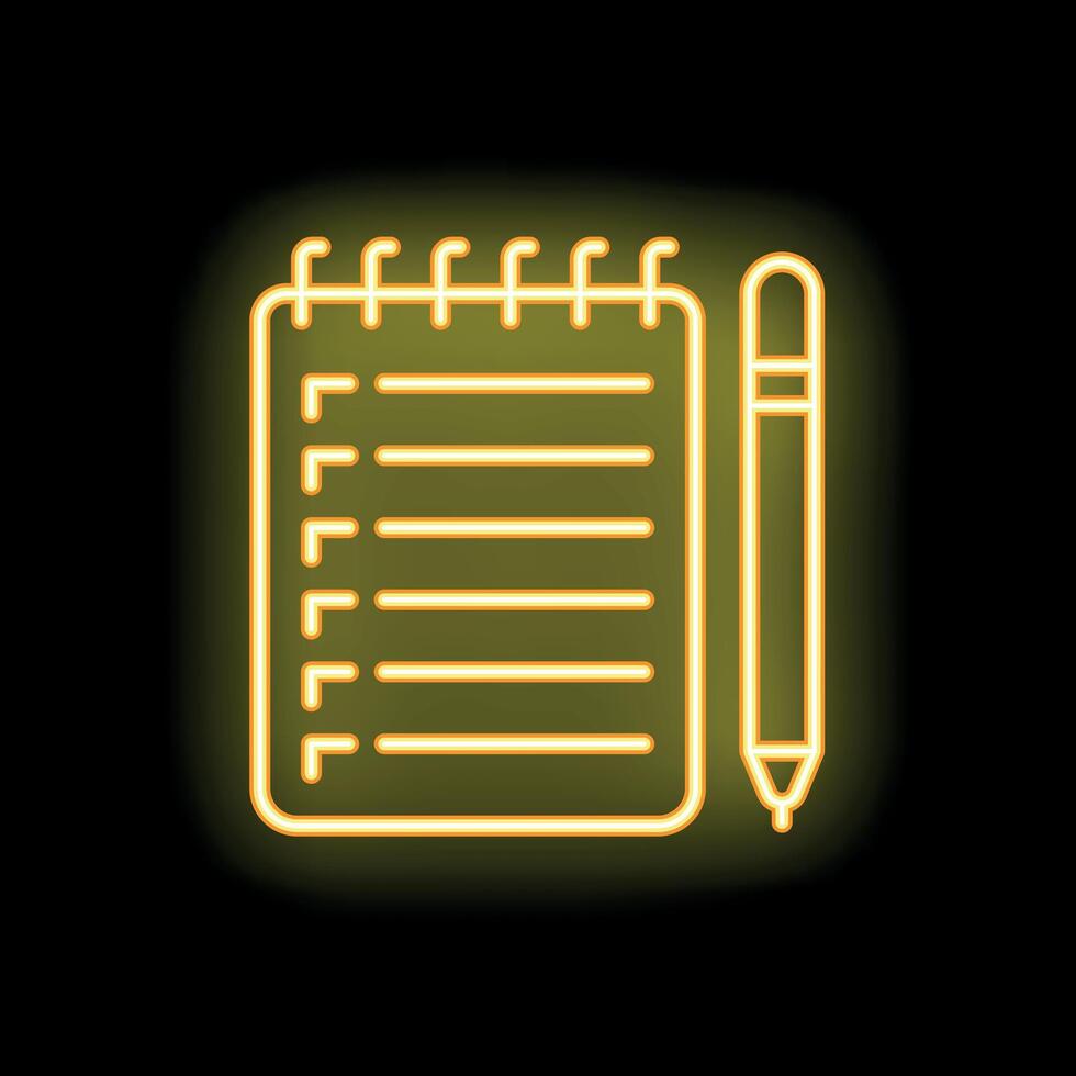 Yellow neon notepad and pen icon on black background vector