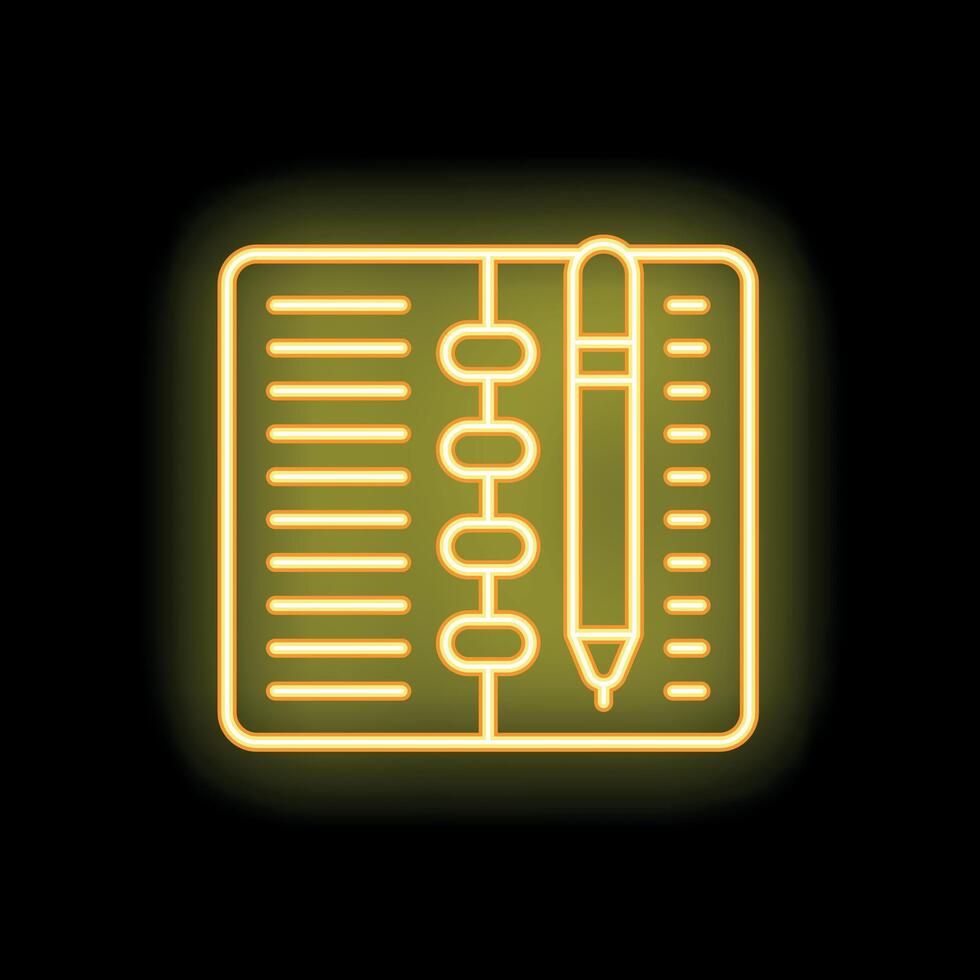 Glowing neon icon of a notepad with a pen for note taking vector
