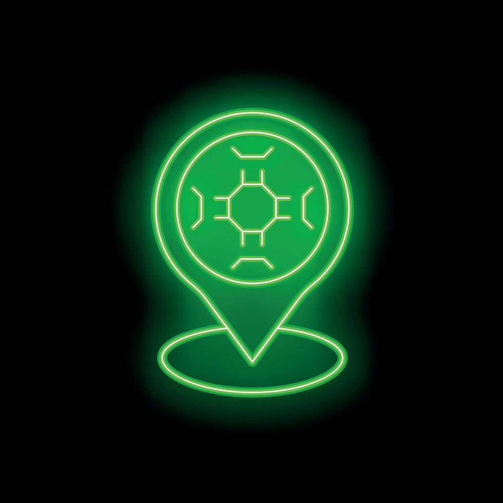Glowing neon green map pin pointing at futuristic technology icon on black background vector