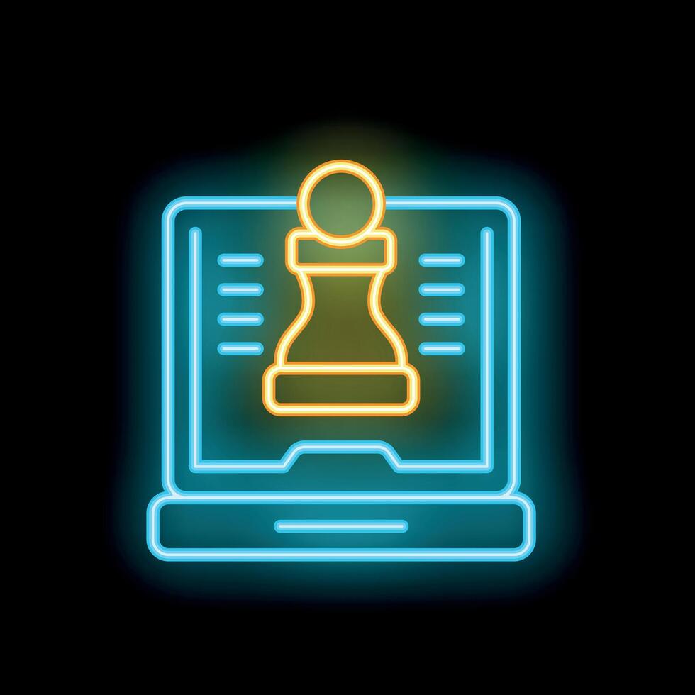 Neon sign of chess piece on laptop screen for online strategy game vector