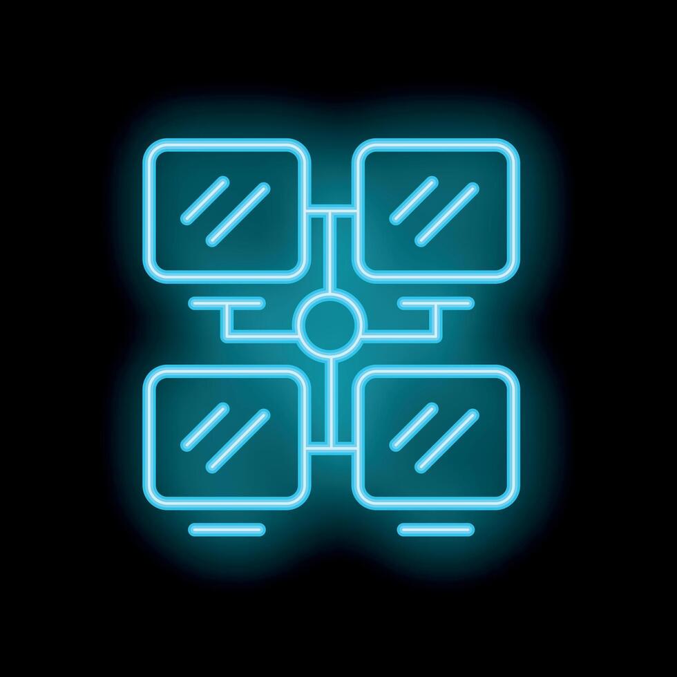 Neon icon of four computers connected to network sharing data vector