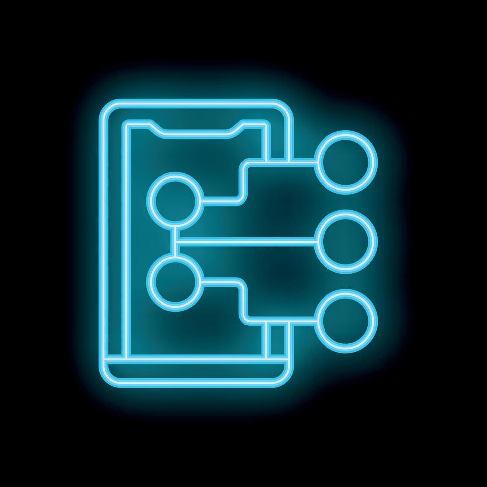 Neon blue mobile phone connecting to network nodes on black background vector