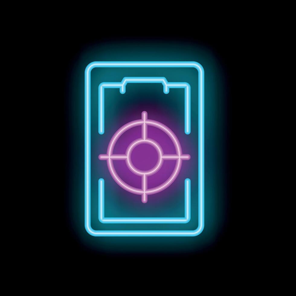 Neon sign representing a smartphone showing a crosshair on its screen vector