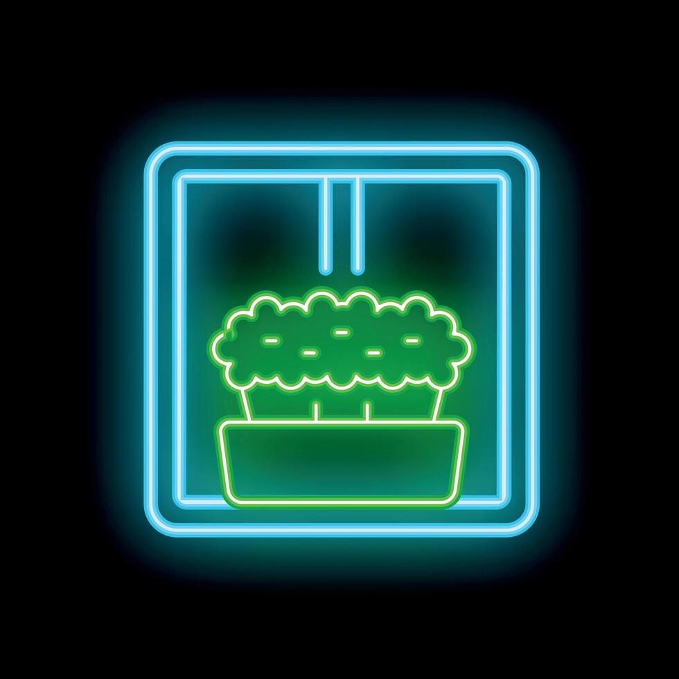 Neon sign of potted plant on window sill glowing brightly vector