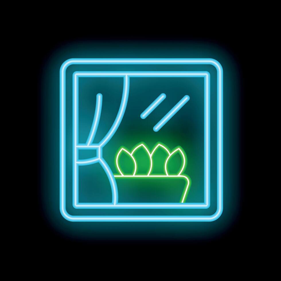Neon window showing rain outside and plant inside icon vector