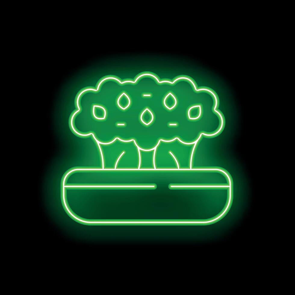 Green neon sign of a bonsai tree growing in a pot on a black background vector