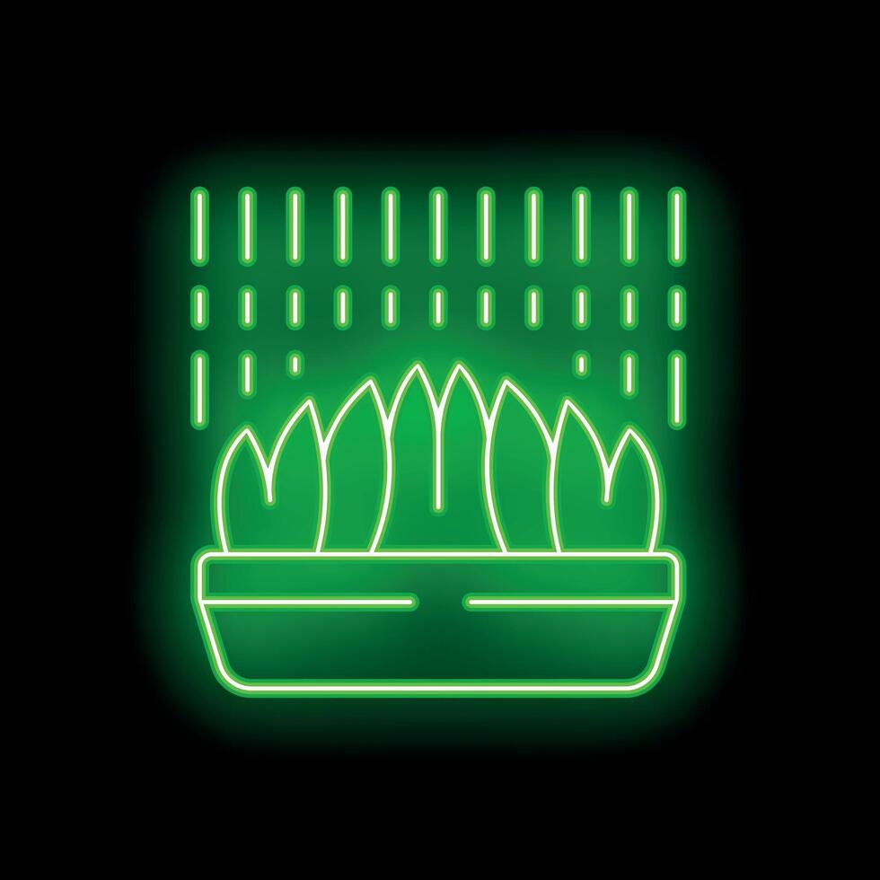 Green neon sign of plant growing in pot receiving rain water vector