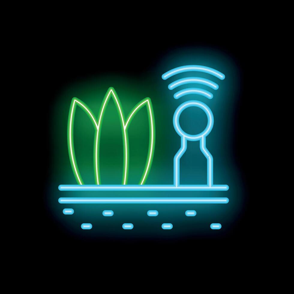 Neon glowing icon of a smart farm sensor monitoring soil and plants vector