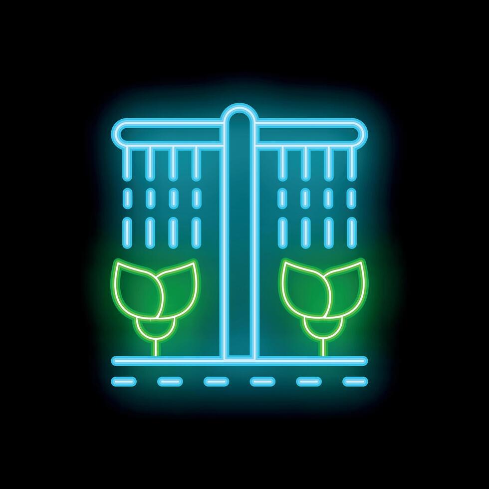 Neon sprinkler system watering plants icon, agriculture and farming sign vector