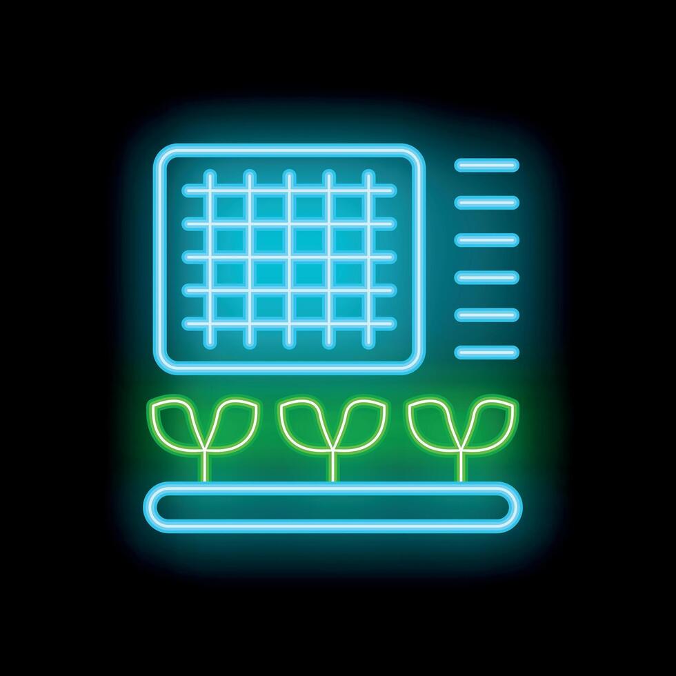 Neon icon of a grow lamp shining on seedlings growing in a row vector