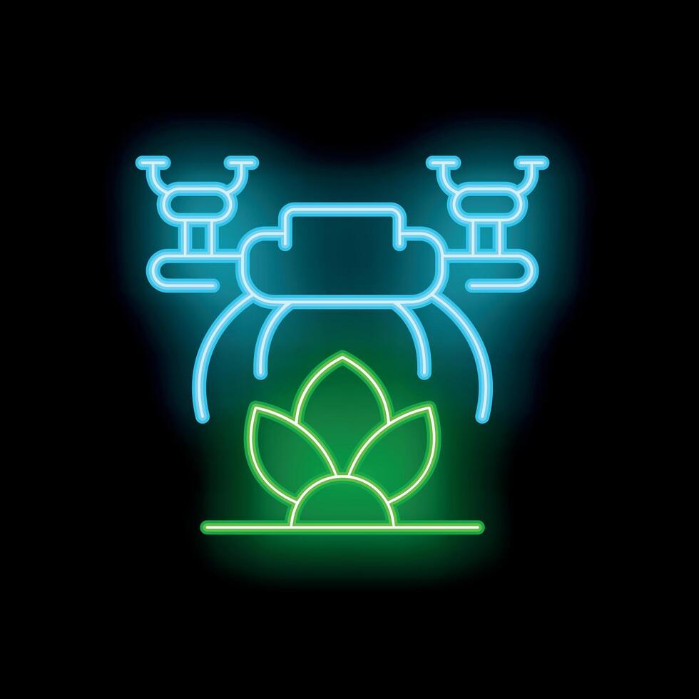 Neon icon of a drone spraying crops in precision agriculture vector