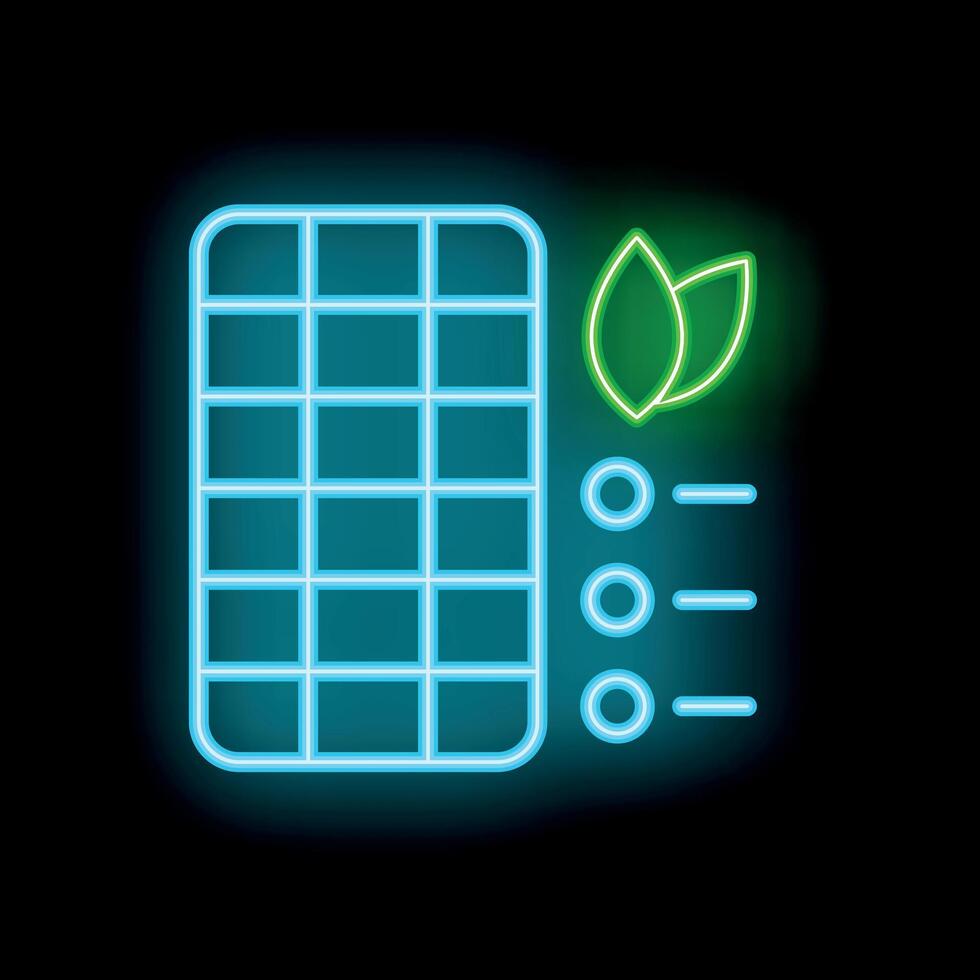 Blue and green neon glowing symbol of a solar panel generating electricity from the sun isolated on a black background vector