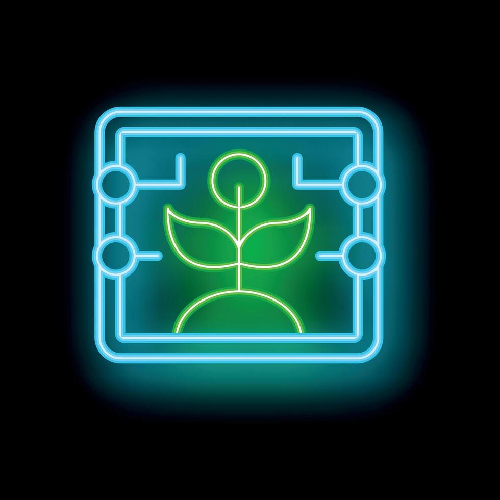 Neon green plant icon glowing inside blue square frame vector