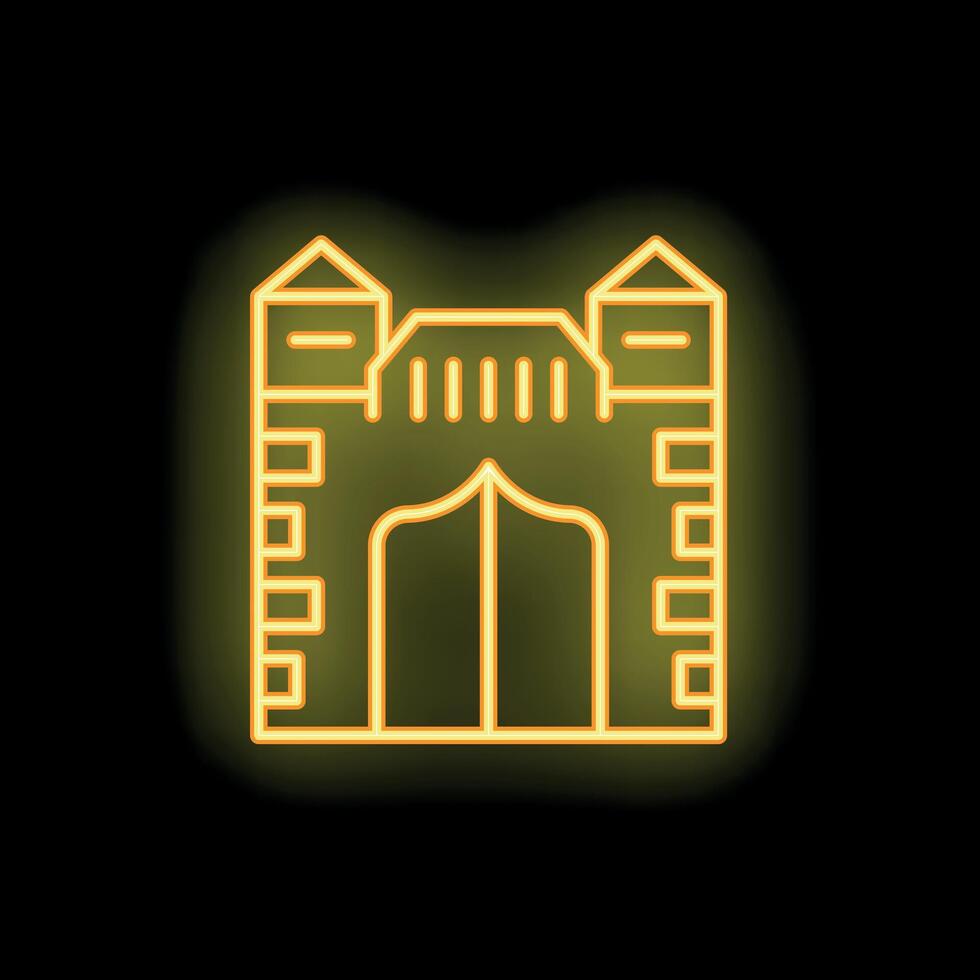Glowing neon icon of medieval castle gate on dark background vector