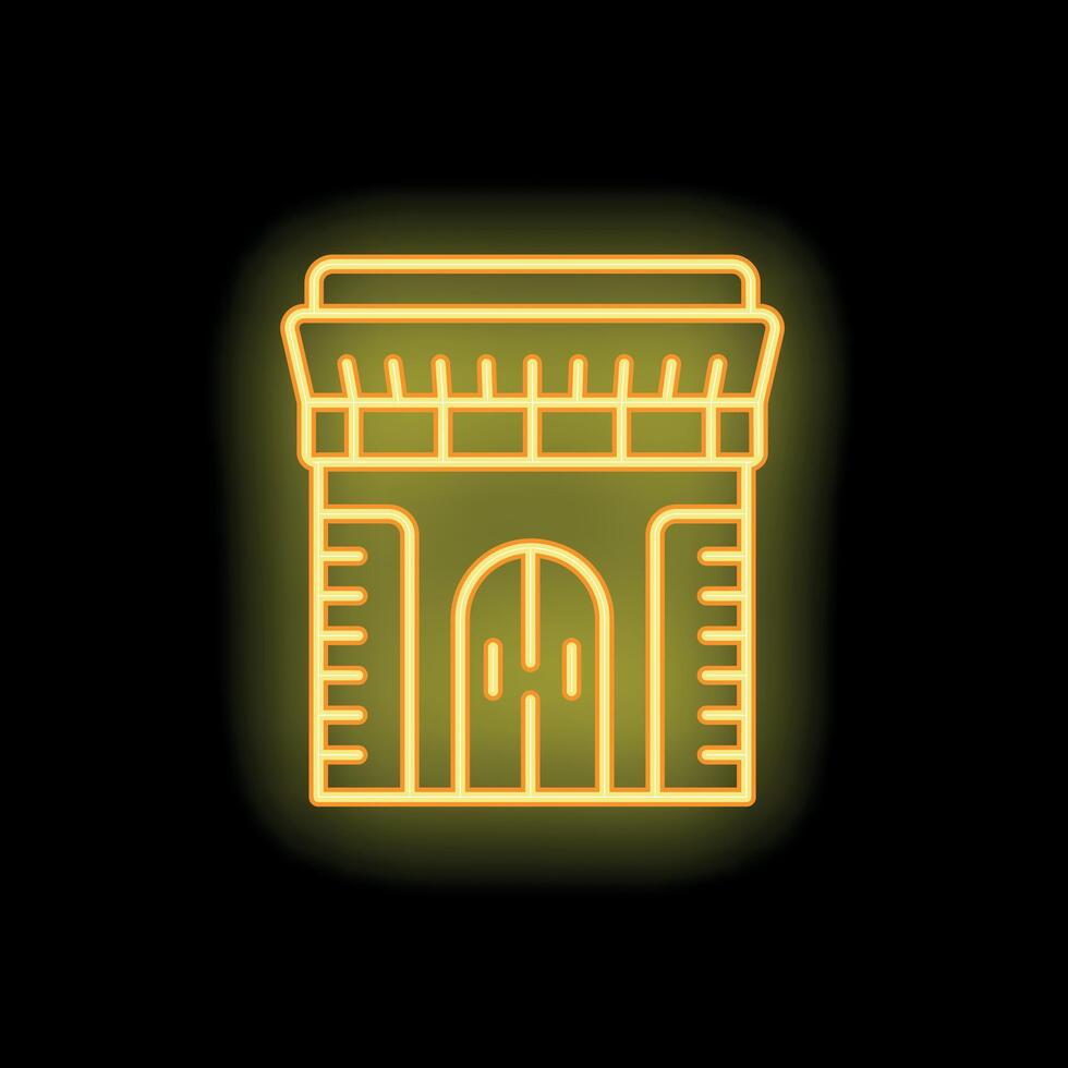 Neon yellow illustration of a medieval castle tower glowing on a black background vector