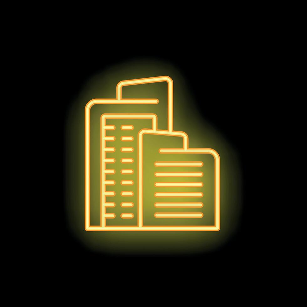 Yellow neon sign representing buildings standing tall at night vector