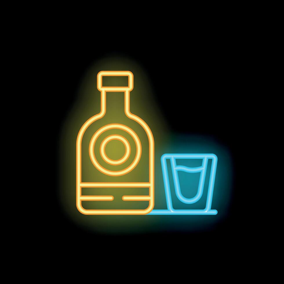 Neon sign showing bottle and shot glass on black background vector