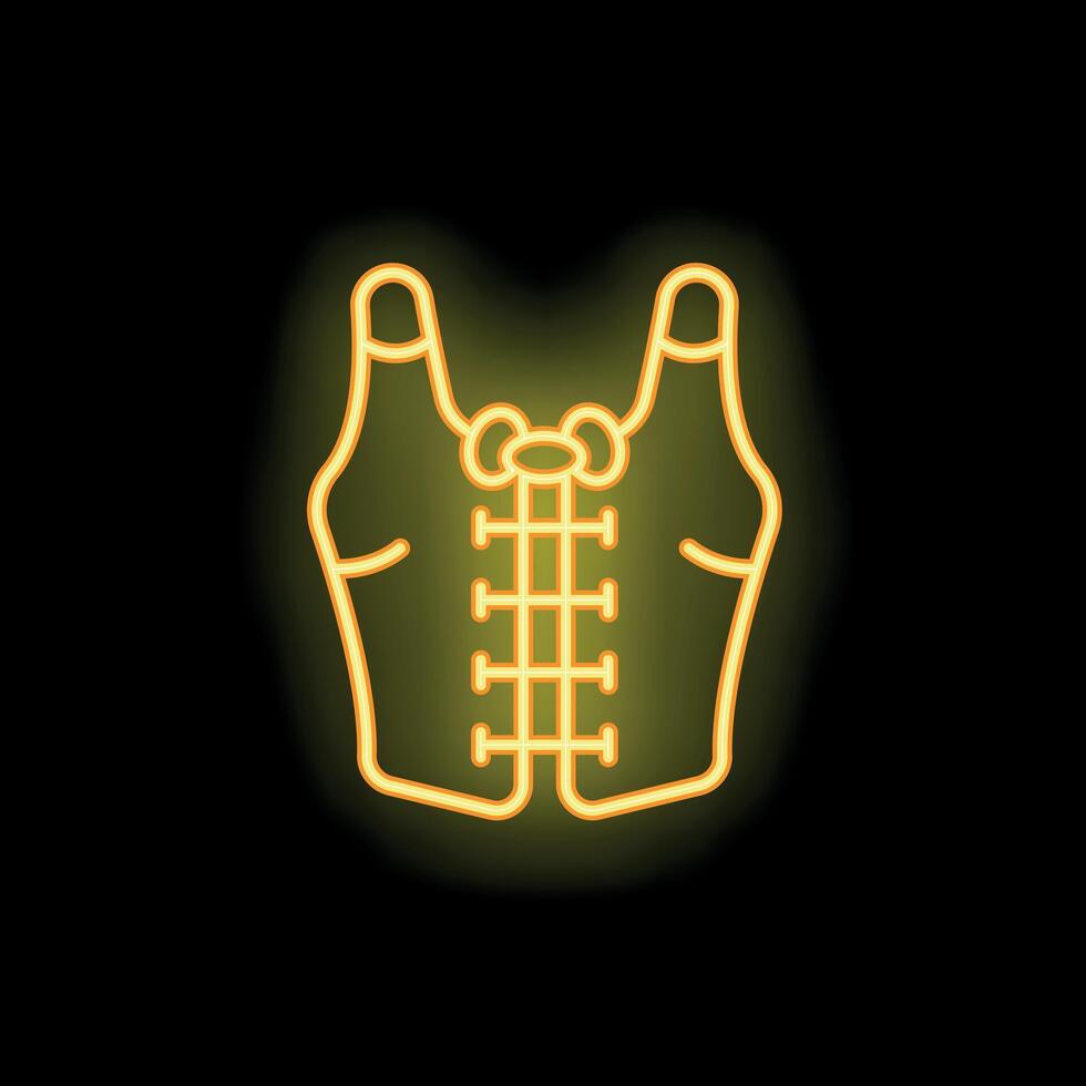 Neon corset icon with lacing and bow detail on black background vector