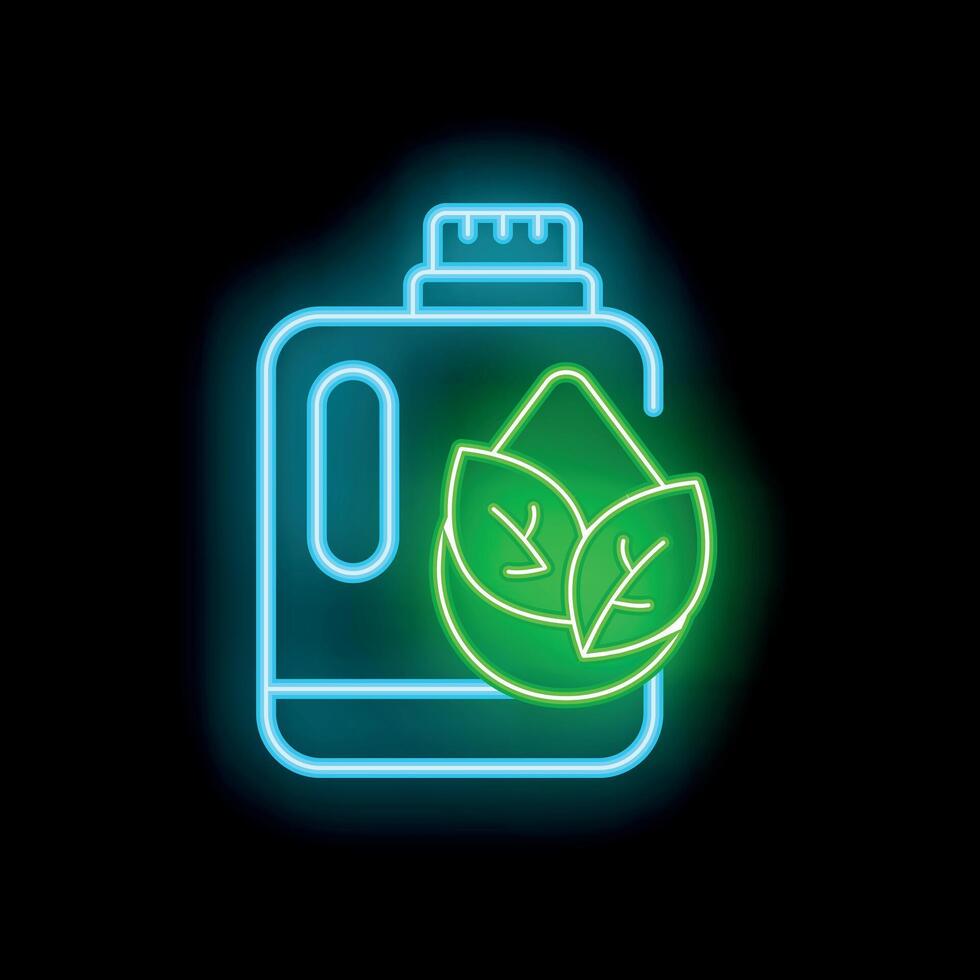 Glowing neon line eco friendly cleaning detergent bottle with a drop and leaves icon isolated on black background illustration vector