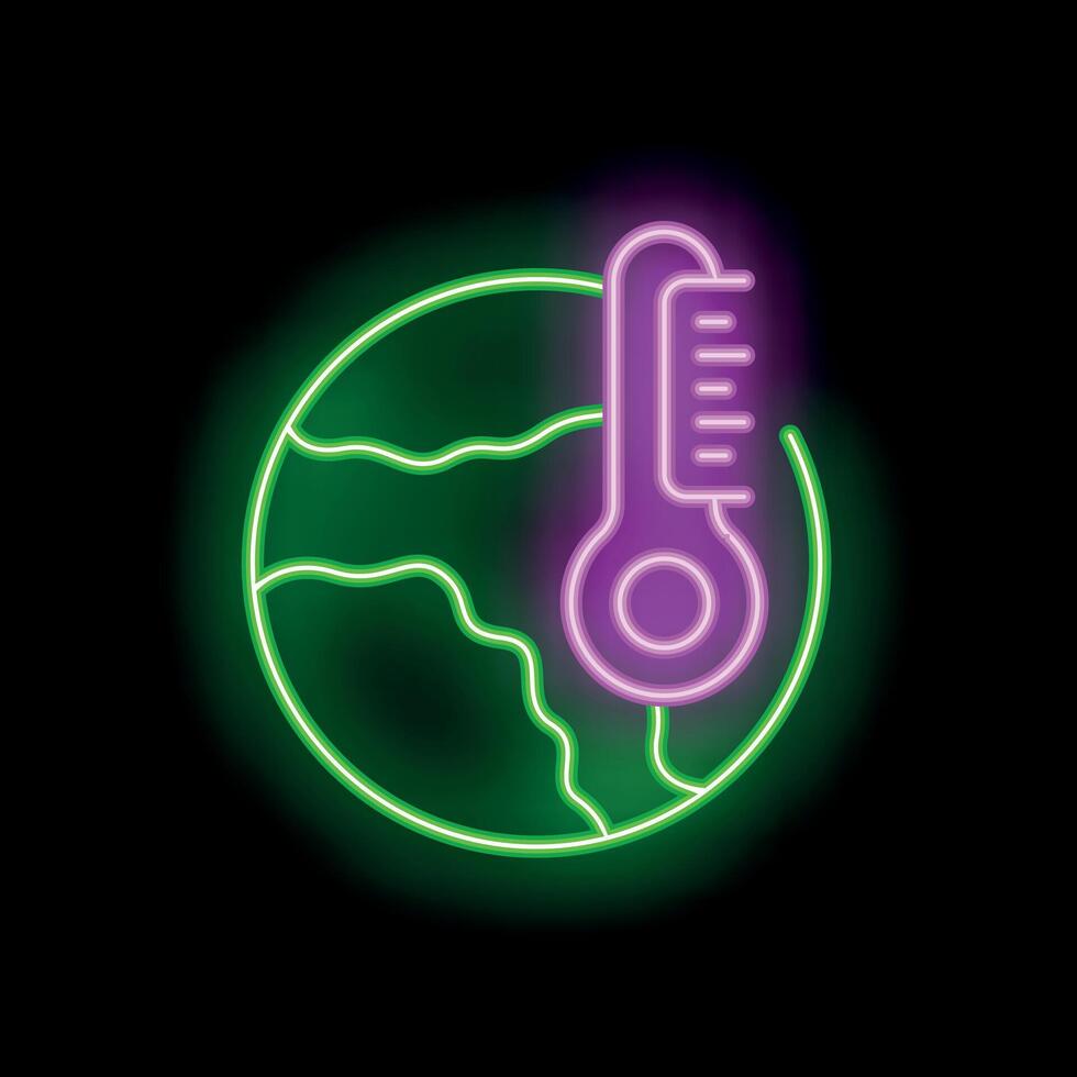 Neon icon of thermometer measuring global warming earth temperature vector