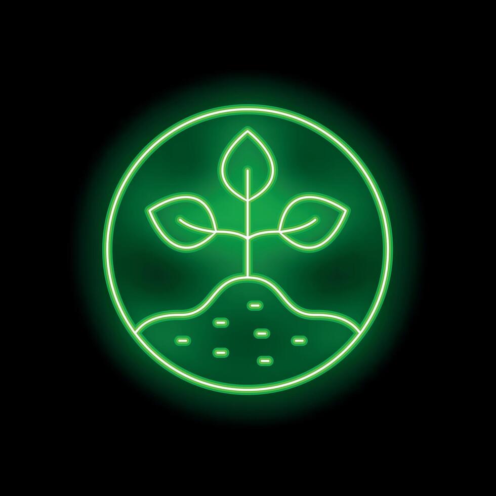 Green neon sign of plant growing from ground in circle frame vector