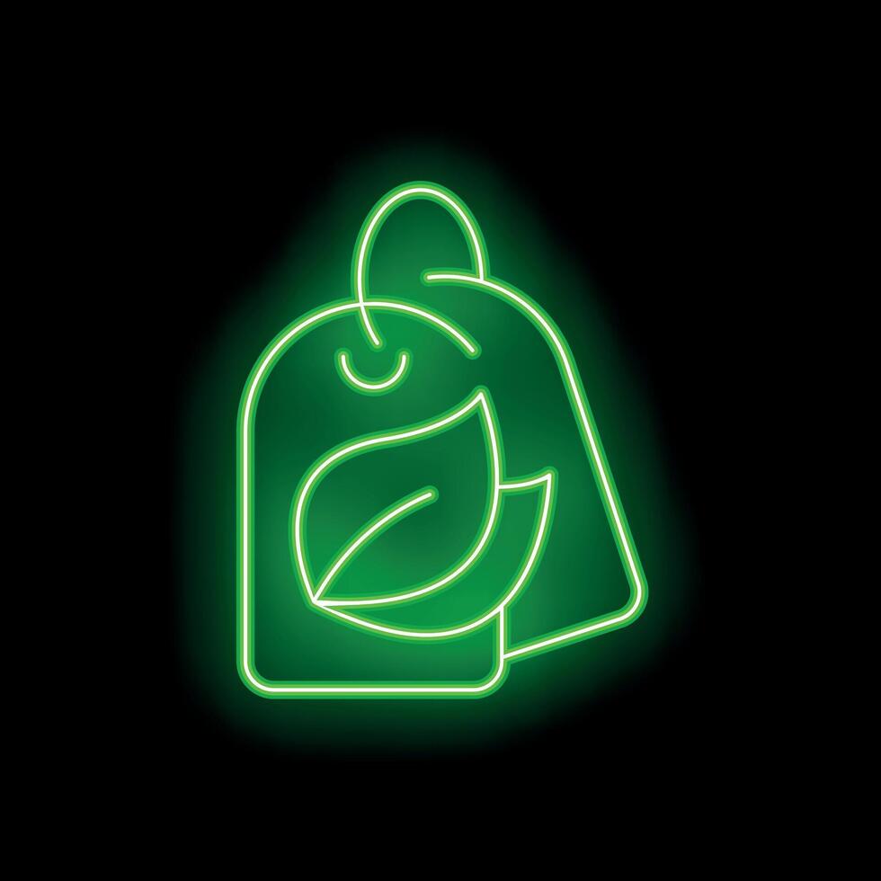 Neon green eco friendly tag with leaf logo glowing on black background vector