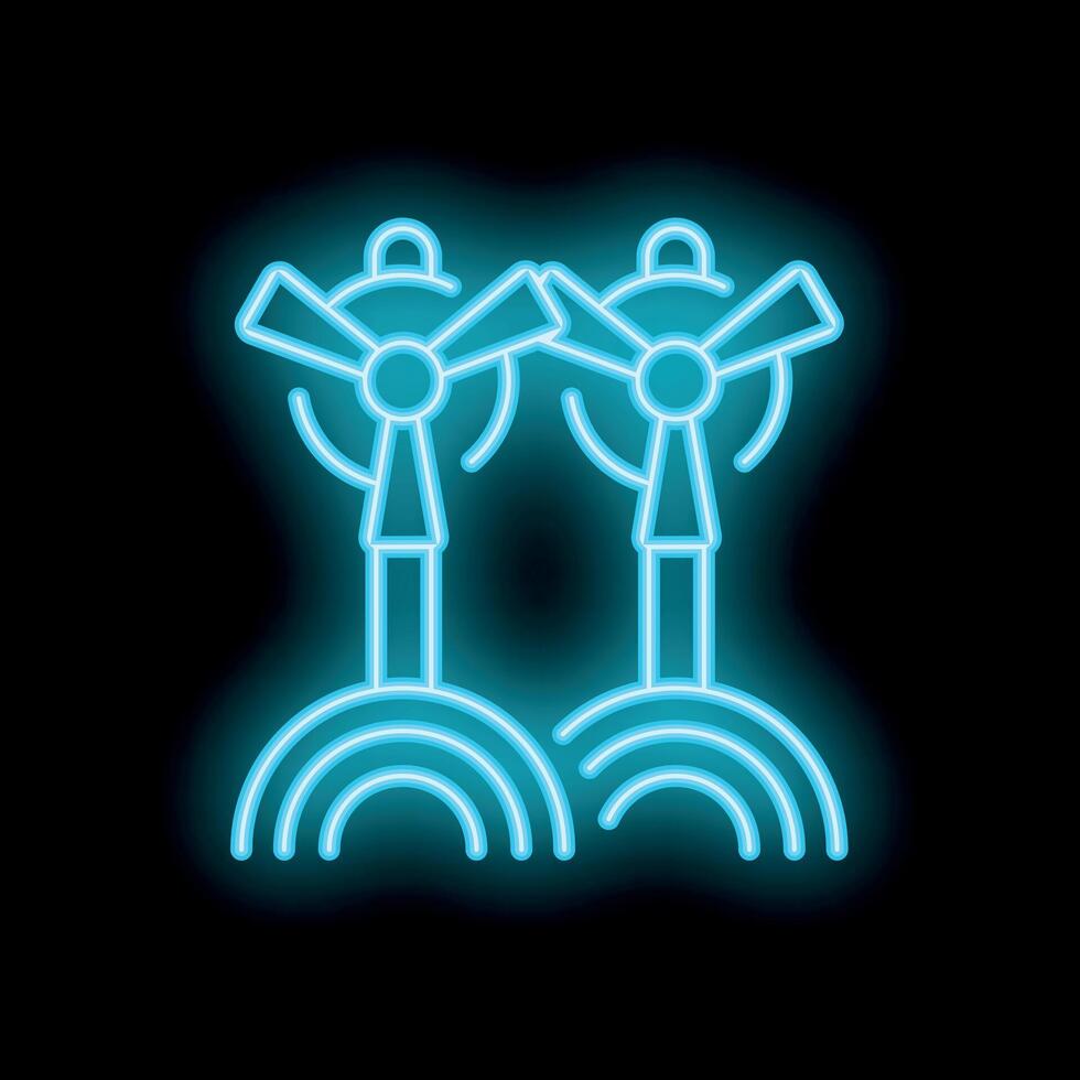 Blue neon wind turbines generating clean energy icon vector