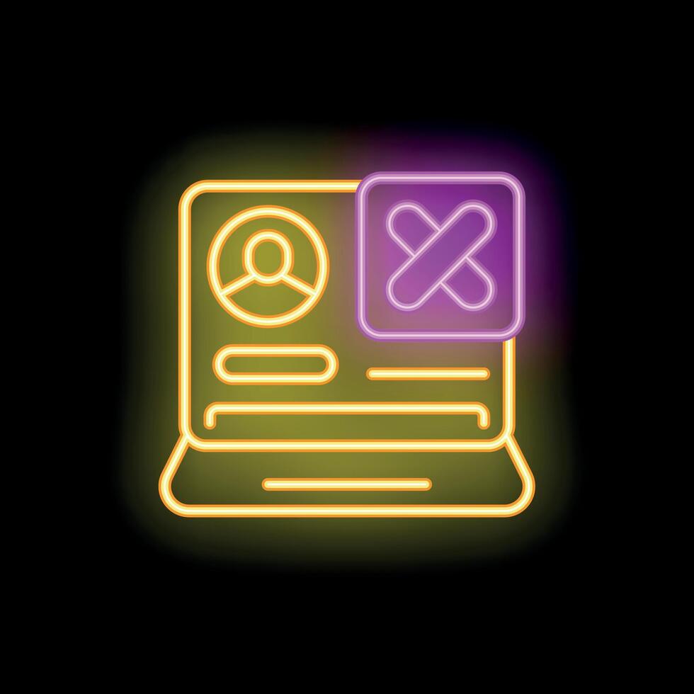 Neon icon of account or profile being deleted on laptop screen vector